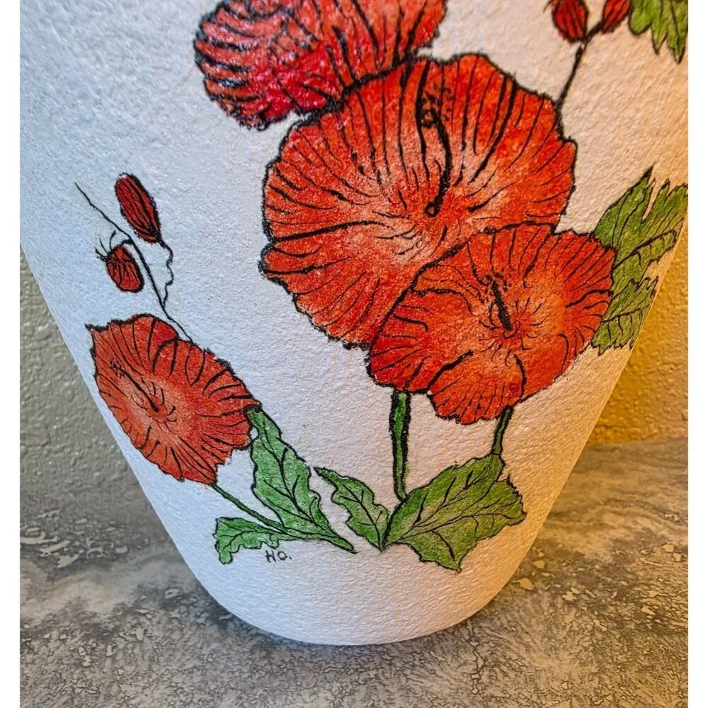 Signed Handcrafted White Textured‎ Vase Red Poppy Floral 10